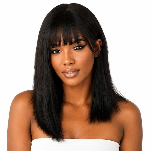 18 Inch Natural Black Straight Synthetic Wig with Bangs & Breathable Cap