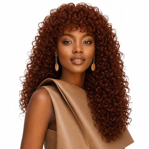 26 Inch Auburn Brown Curly Wig with Bangs - Synthetic Hair for Women