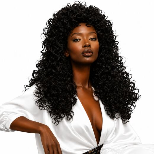 26 Inch Long Curly Synthetic Wig - Natural Black Voluminous Hair