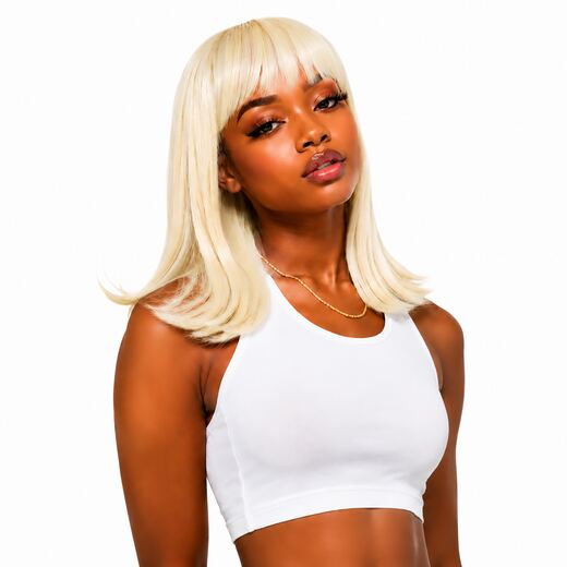 Platinum Blonde Synthetic Wig With Bangs & Breathable Cap