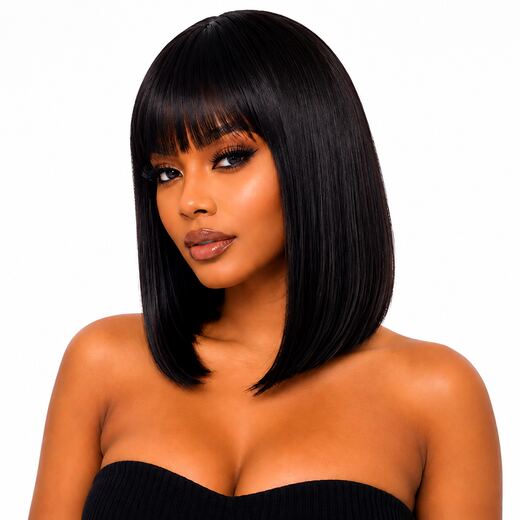 Natural Black Synthetic Bob Wig with Bangs & Breathable Cap