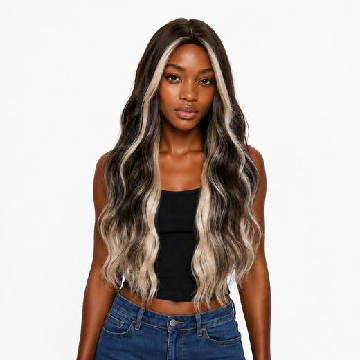 Brown Platinum Highlight Synthetic Wig With Breathable Cap