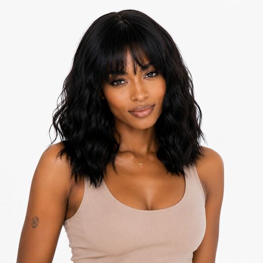 Black Wavy Bob Synthetic Wig With Bangs & Breathable Cap