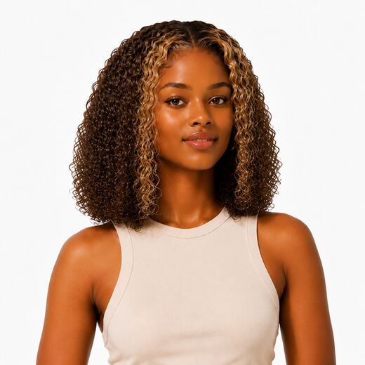 Honey Blonde Highlight Curly Bob Wig with Breathable Cap