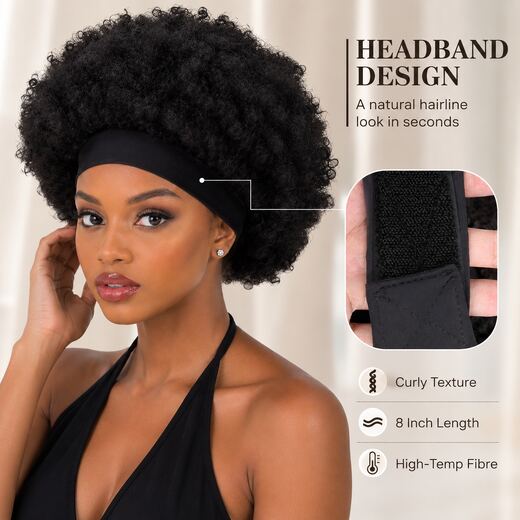 8 Inch Black Afro Curly Headband Wig Glueless Heat Resistant Synthetic