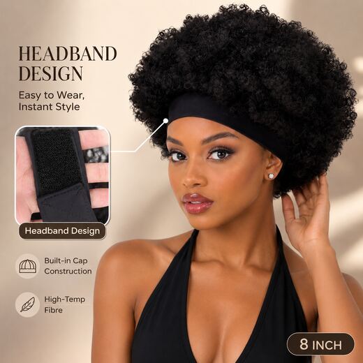 8 Inch Black Afro Curly Headband Wig Glueless Heat Resistant Synthetic