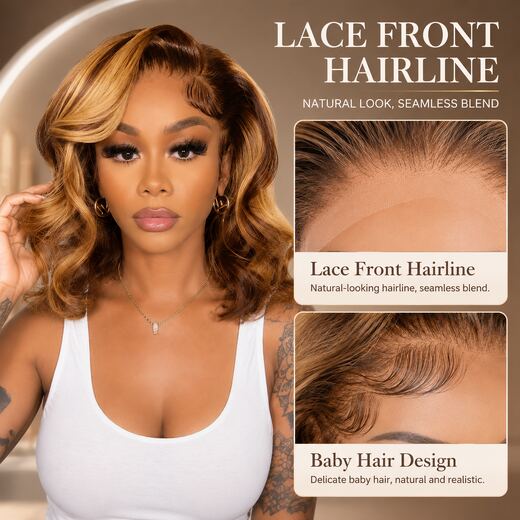 16 Inch Highlight HD Lace Human Hair Wavy Bob Wig Glueless