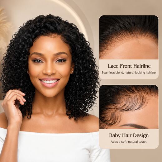 16 inch Short Curly Lace Front Bob Wig with Baby Hair - Natural Black