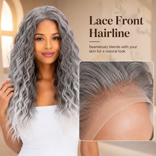 24 Inch Grey White Ombre Wavy Glueless Heat Resistant Synthetic Wig