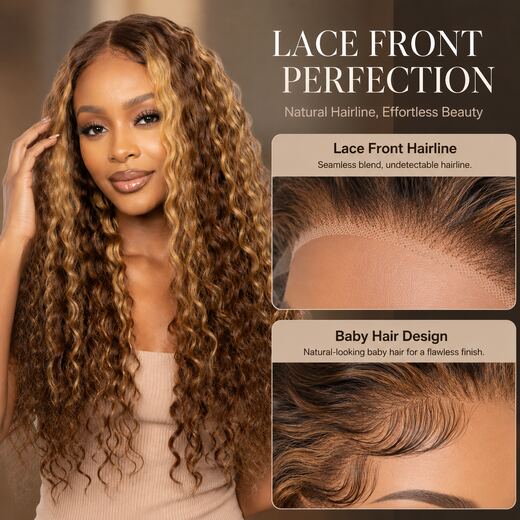 18 Inch Lace Front Jerry Curl Wig, Honey Blonde Highlight, High-Temp Fibre