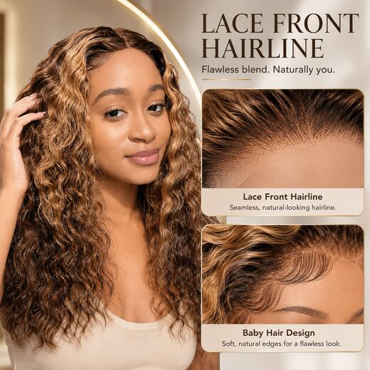 18 Inch Lace Front Deep Wave Honey Blonde Highlight Wig High-Temp Fibre