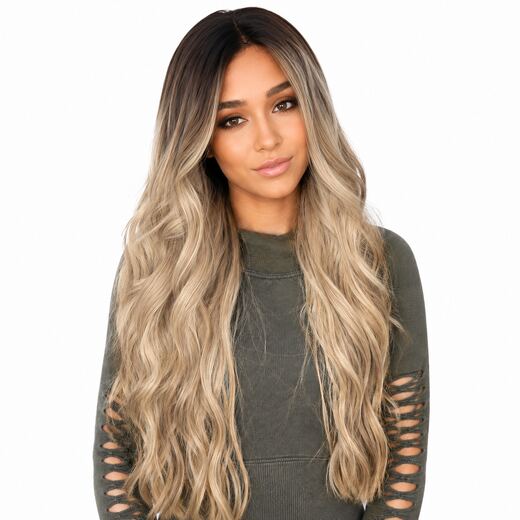 24 Inch Ombre Blonde Wavy Wig with Dark Roots Synthetic Wig