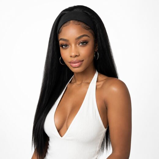 26 Inch Black Synthetic Headband Wig with Rose Breathable Cap & Hair Net