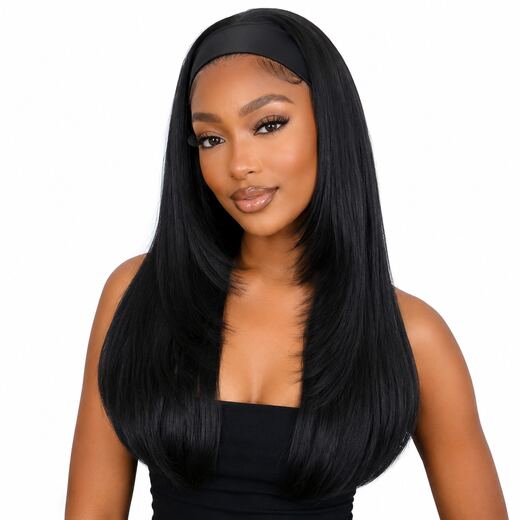 22 Inch Black Synthetic Headband Wig with Rose Breathable Cap & Hair Net