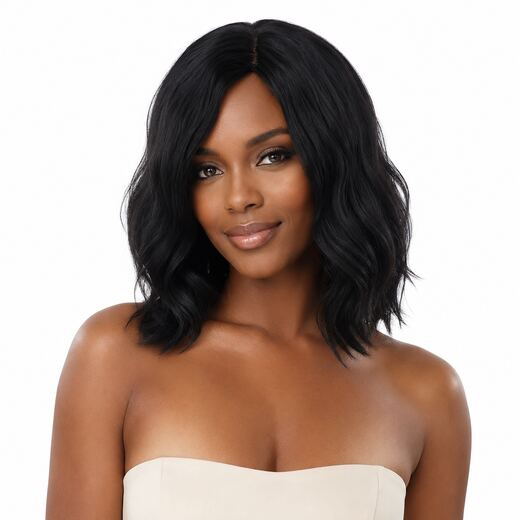 16 Inch Black Synthetic Full Wig with Middle Part and Gift Hair Net