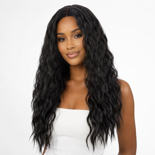 28 Inch Black High-Temperature Synthetic Wig with Middle Part and Hair Net