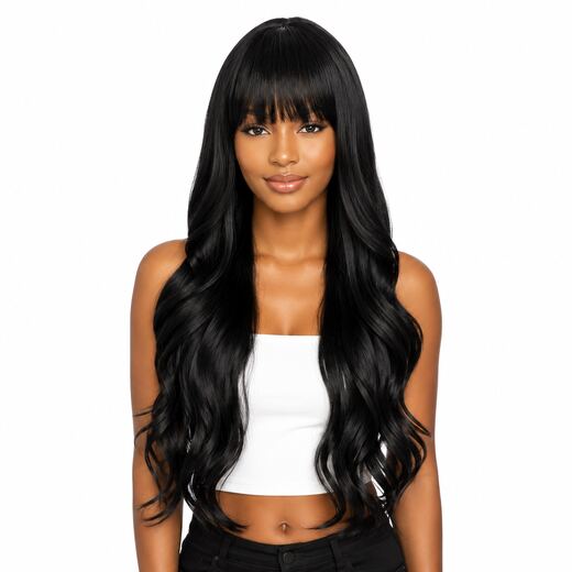 30 Inch Black Long Wave Full Cap Glueless Synthetic Wig With Fringe