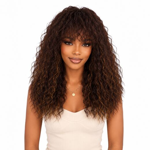 20 Inch Light Brown Curly Full Cap Synthetic Wig With Fringe Women