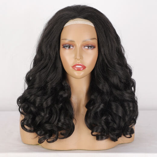 22-Inch Black Yaki Curly Half Wig Synthetic Hair Wig for Daily Wear
