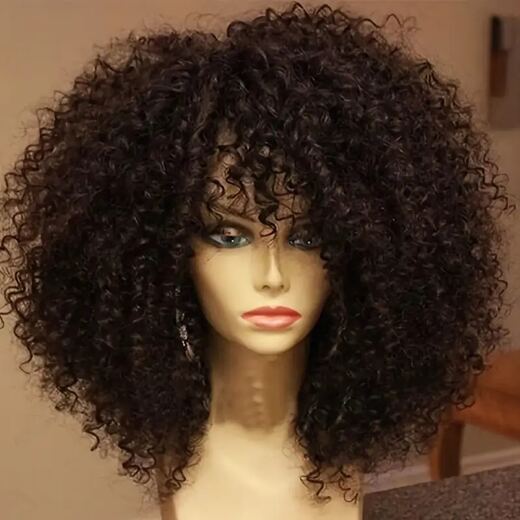 12-Inch Black Afro Puff Curl Full Cap Synthetic Hair Wig for Daily Wear
