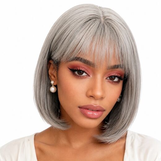 12 Inch Black Straight Bob Full Cap Synthetic Hair Wig for Daily Wear