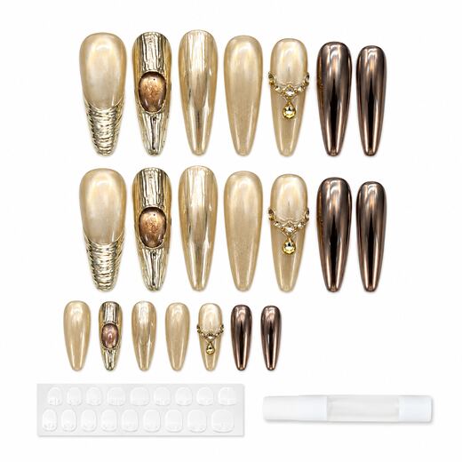 26 Piece Gold 3D Long Teardrop Shape ABS Press On Nails with Glue