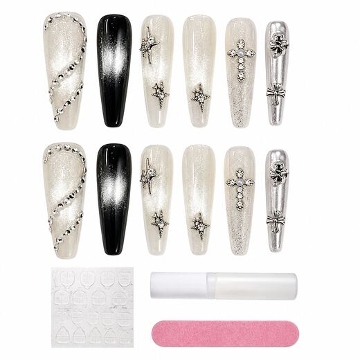 27 Piece Black Cartoon Long Coffin Shape ABS Press On Nails with Glue