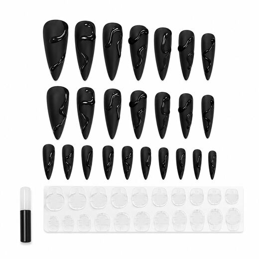 33 Piece Black 3D and Embossed ABS Press On Nails with Glue for Fingers