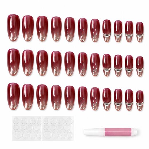 36 Piece Red Gradient Medium Oval Shape ABS Press On Nails with Glue