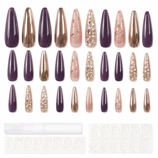 39 Piece Gold Rhinestone Long Teardrop Shape ABS Press On Nails with Glue