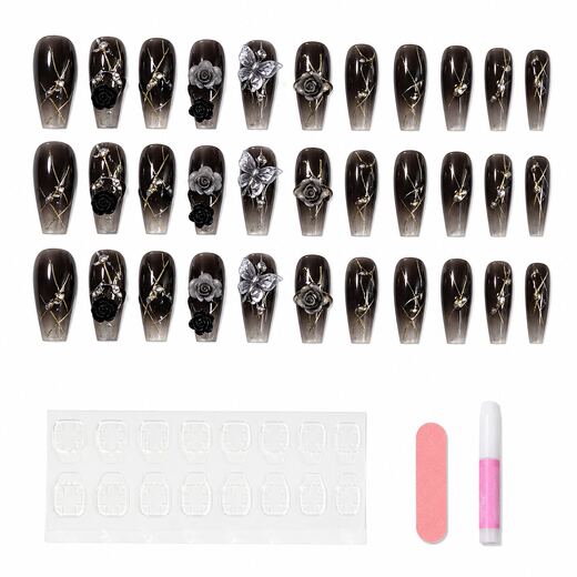 40 Piece Black 3D Medium Coffin Shape ABS Press On Nails with Glue