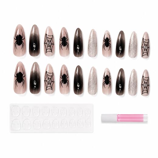 41 Piece Black Spider Long Almond Shape ABS Press On Nails with Glue