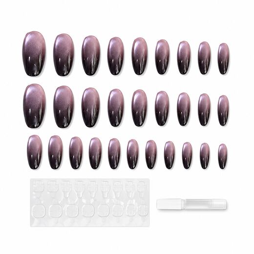 42 Piece Purple Cat Eye Almond Shape ABS Press On Nails with Glue