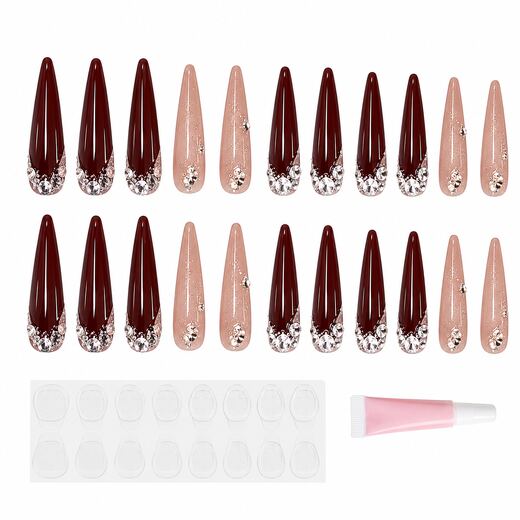 43 Piece Red Rhinestone Long Teardrop Shape ABS Press On Nails with Glue