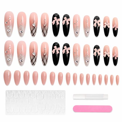 44 Piece Nude Long Almond Shape ABS Press On Nails with Glue and Jelly Tabs