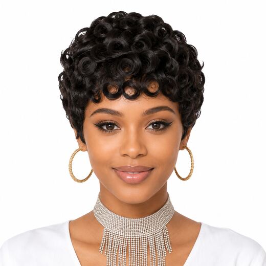 6 Inch Black Pixie Curl Full Cap Human Hair Wig for Daily Wear for Parties