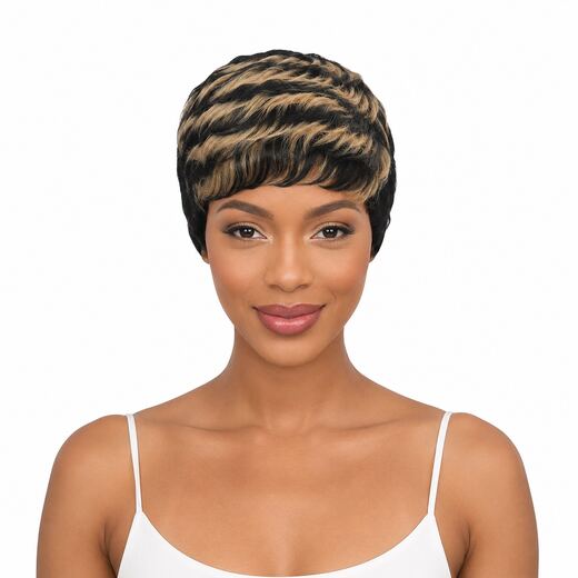 2 Inch Black and Yellow Highlight Pixie Curl Full Cap Synthetic Hair Wig