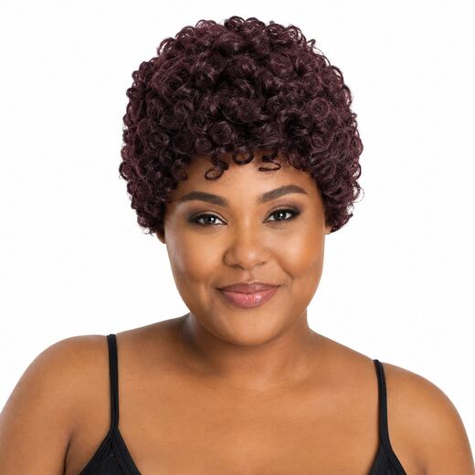 8 Inch Rose Red Curly Synthetic Wig with Full Bangs Heat Resistant